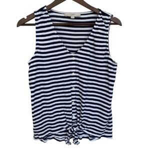 LOFT Navy and White Striped V-Neck Front Tie Top - Medium